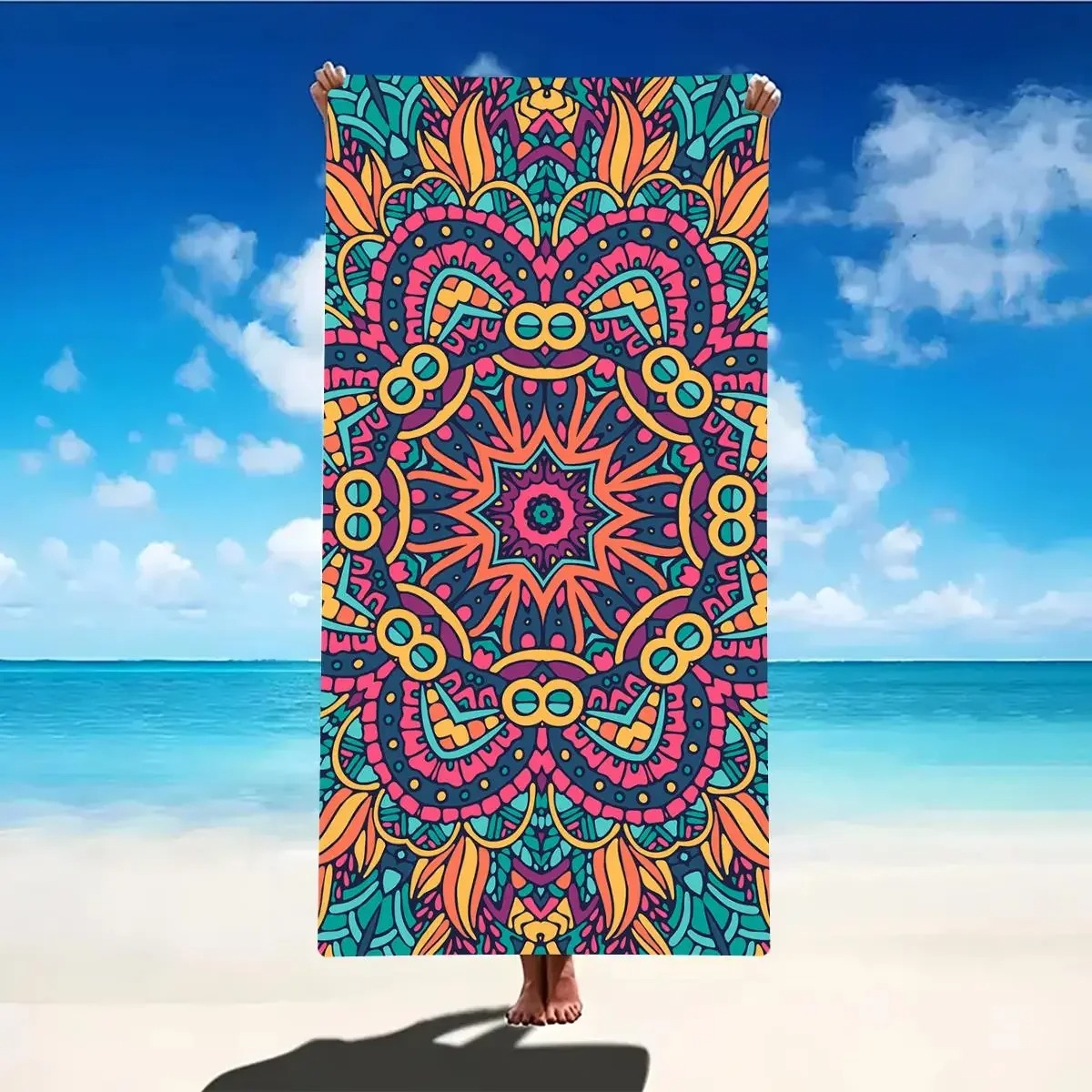 Outdoor Sports Center - Orange-lila geometrisches Mandala-Strandtuch mit Mittelmuster, weiches